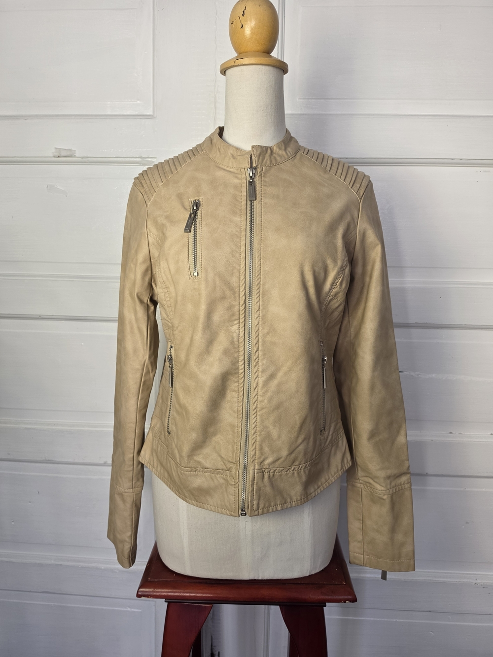 Jou Jou Beige Tan Faux Leather Zip Up Motorcycle Moto Biker Jacket Size M